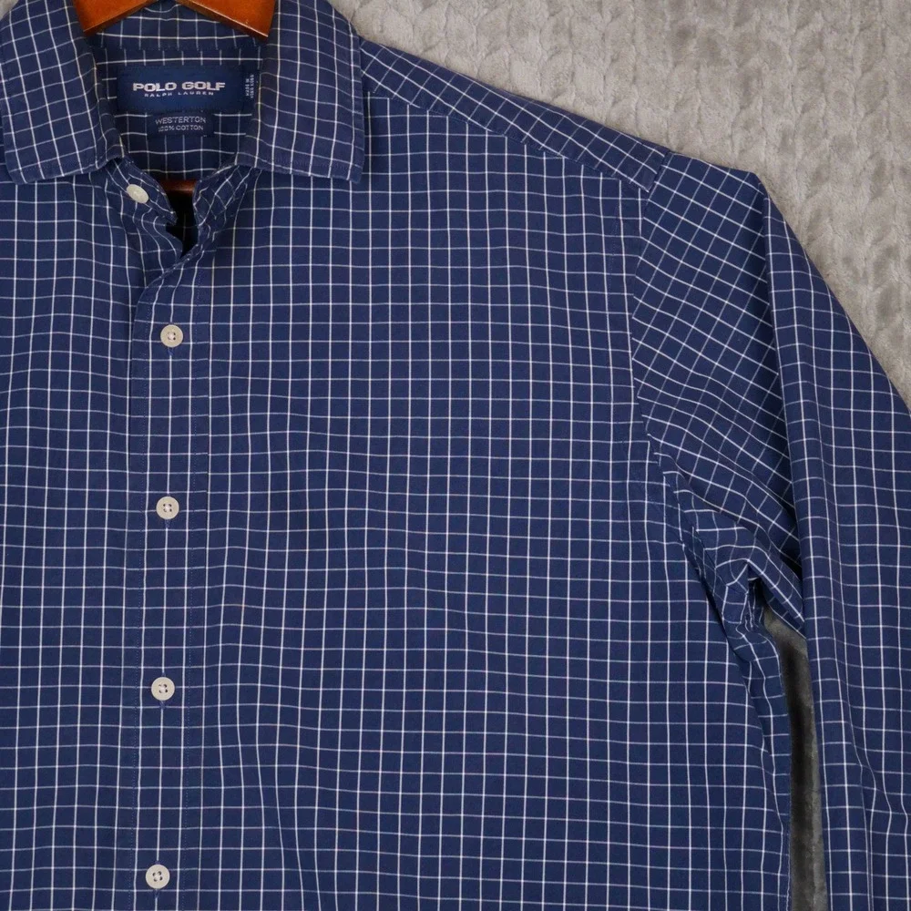 Polo Golf Ralph Lauren Shirt Mens L Blue Windowpane Check Westerton Cotton L/S
